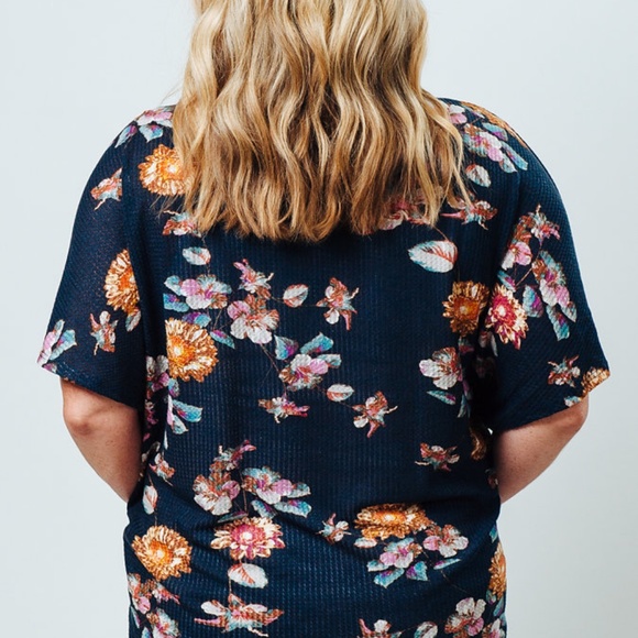 Navy Floral Waffle Dolman Sleeve Shirt - Picture 3 of 3
